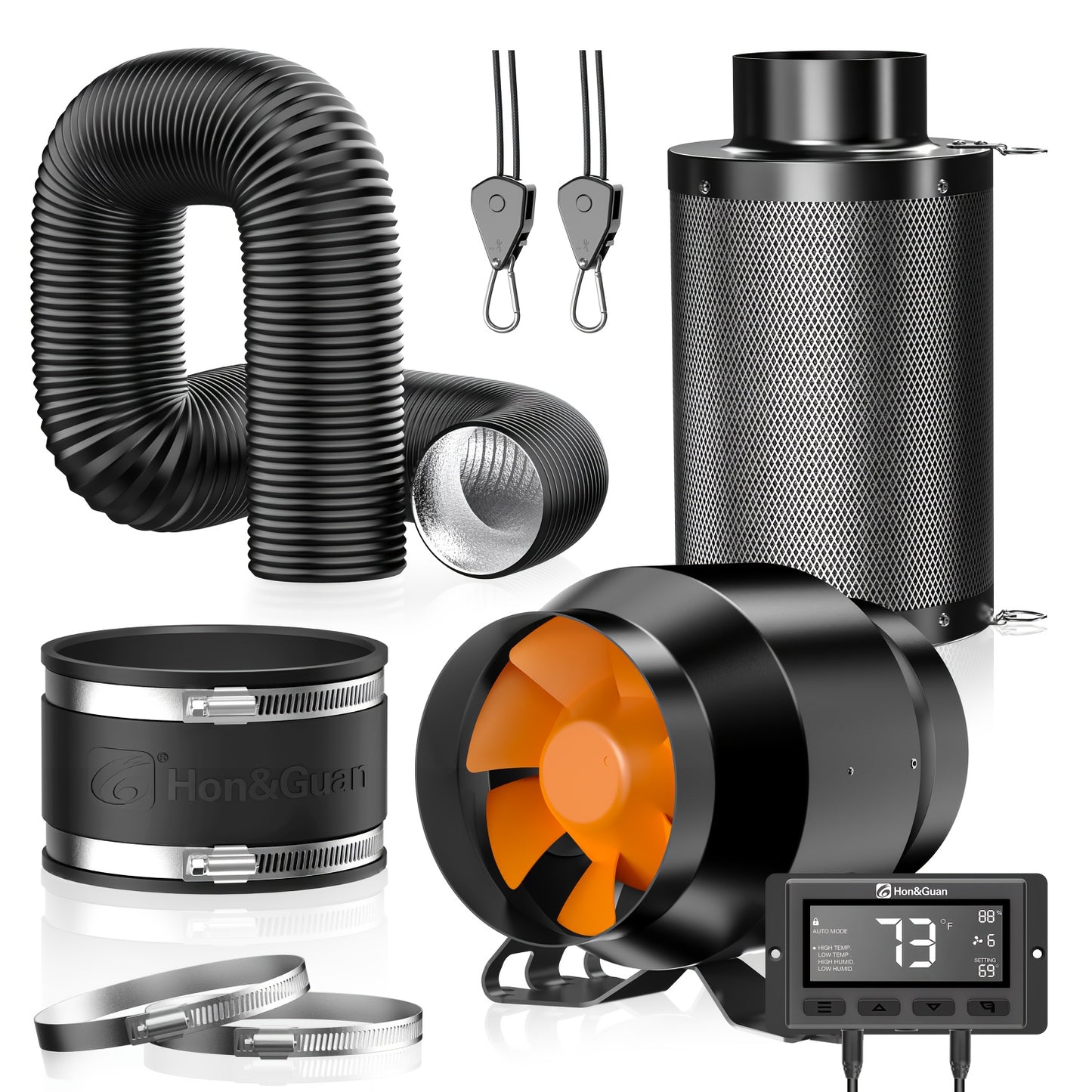 Ensemble de Ventilateur de Conduit Inline 100mm avec Régulateur de Température et d'Humidité, Filtre à Charbon Actif, Tuyau d'Échappement, Manchon en Caoutchouc, Système de Ventilation pour Serre