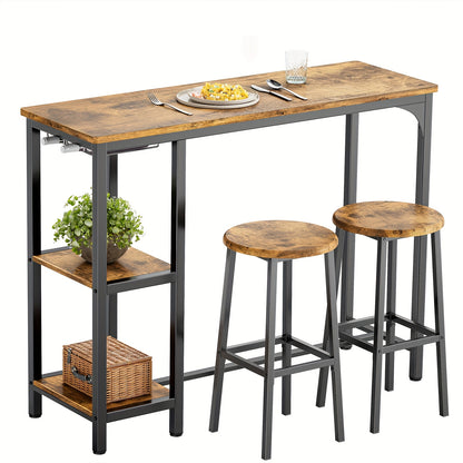 Ensemble de table et de chaises de bar 3 pièces, ensemble de table de bar moderne en fonte noire avec 2 tabourets, ensemble de table industrielle et de tabouret de bar, plateau en bois, table de pub rectangulaire avec étagères et porte-verres, pour cuisin
