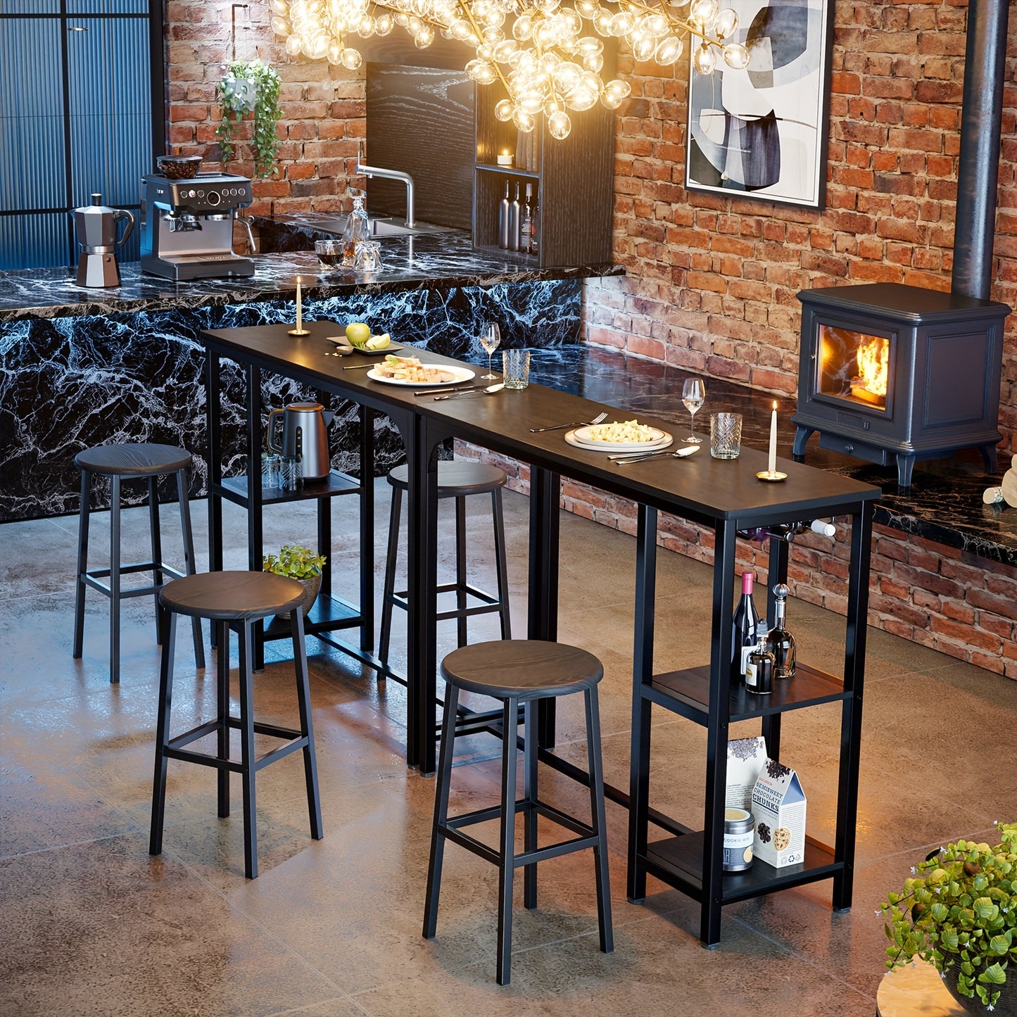 Ensemble de table et de chaises de bar 3 pièces, ensemble de table de bar moderne en fonte noire avec 2 tabourets, ensemble de table industrielle et de tabouret de bar, plateau en bois, table de pub rectangulaire avec étagères et porte-verres, pour cuisin
