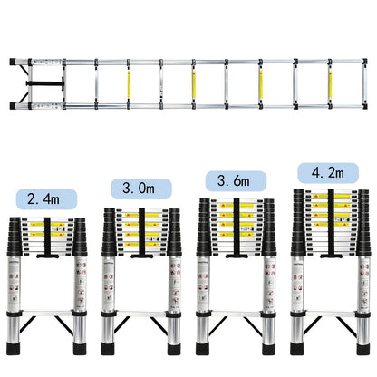 Échelle pliante télescopique robuste en acier inoxydable - Hauteur réglable (2.4M/3.0M/3.6M/4.2M) avec marches antidérapantes et système de verrouillage, échelle de grenier pliable portable pour usage intérieur/extérieur, capacité de charge de 150Kg, rang