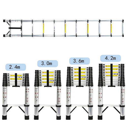Échelle pliante télescopique robuste en acier inoxydable - Hauteur réglable (2.4M/3.0M/3.6M/4.2M) avec marches antidérapantes et système de verrouillage, échelle de grenier pliable portable pour usage intérieur/extérieur, capacité de charge de 150Kg, rang