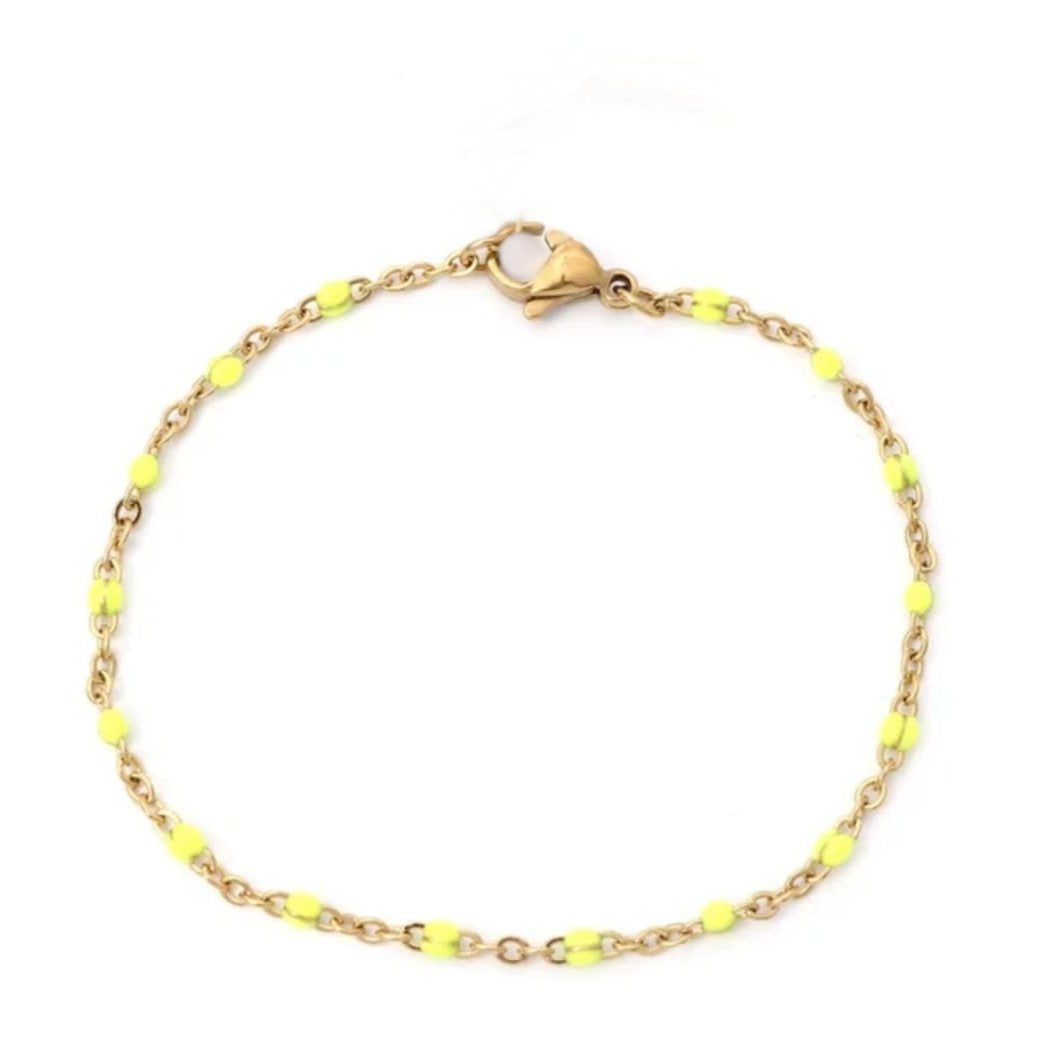 Bracelet perles d'email chaine acier inoxydable couleur or artisanal fait main