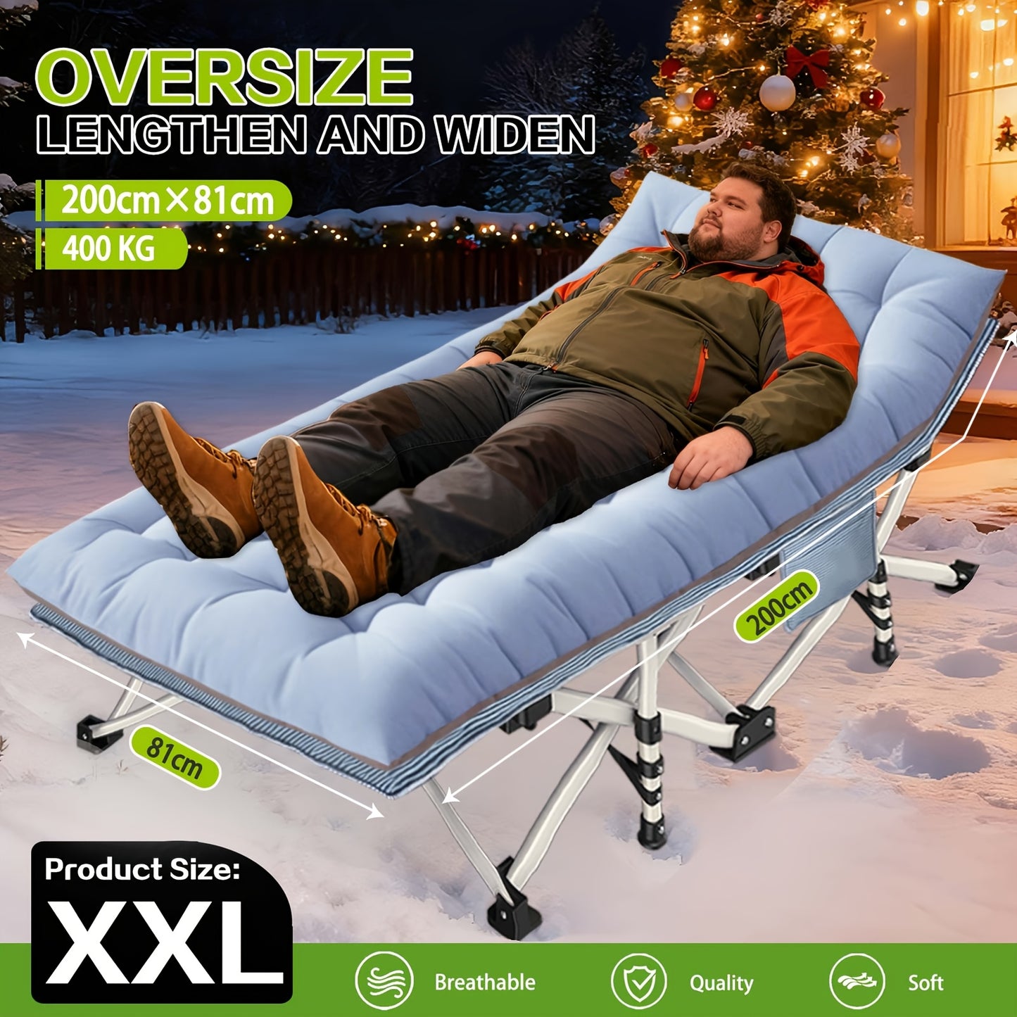 Lit de camping extra large pour adultes, lit de camping avec matelas, lit de couchage extra large et robuste avec sac de transport, lit de couchage pour adultes supportant jusqu'à 400 kg, lits pour dormir, camping, VR, plage, patio, siestes au bureau (ble