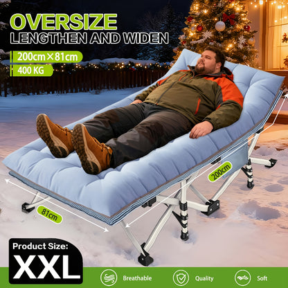 Lit de camping extra large pour adultes, lit de camping avec matelas, lit de couchage extra large et robuste avec sac de transport, lit de couchage pour adultes supportant jusqu'à 400 kg, lits pour dormir, camping, VR, plage, patio, siestes au bureau (ble