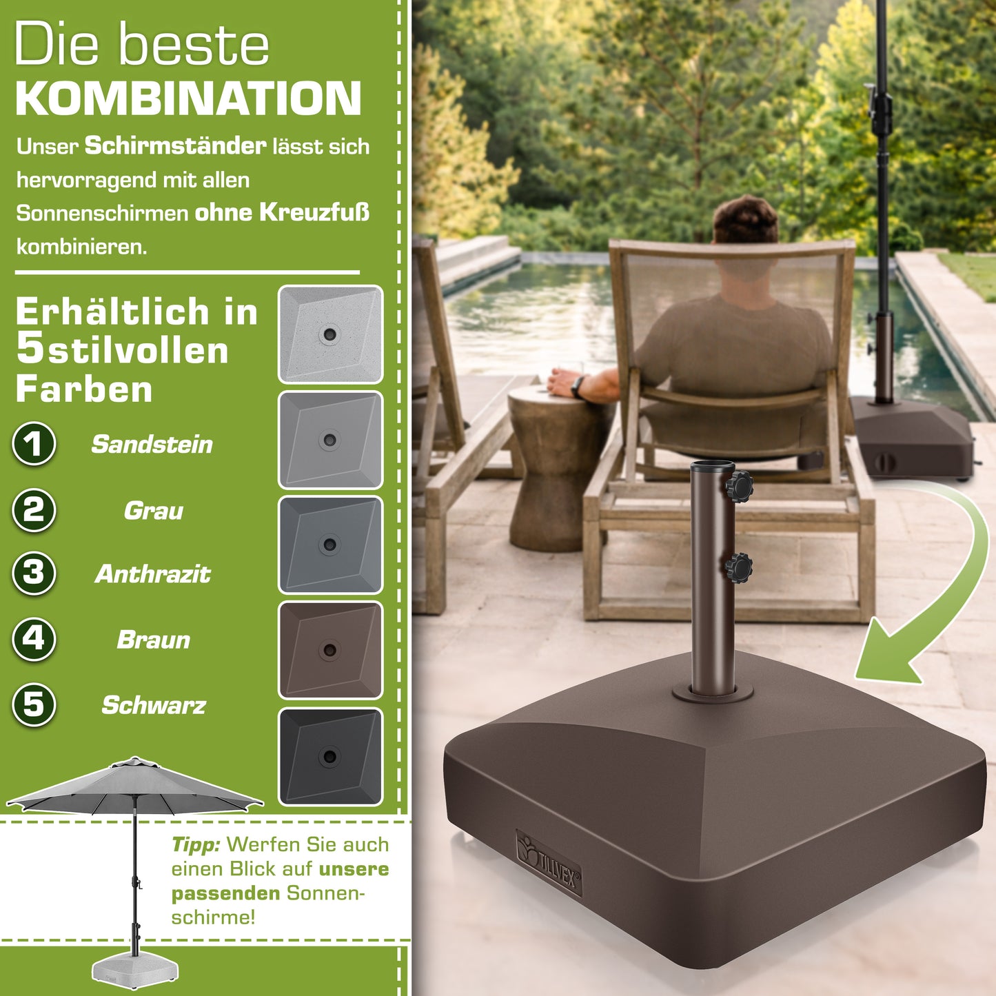 Tillvex® Support de Parasol GRAVIA avec Roues et Freins | Support de Parasol Remplissable 37 Litres / 56 kg | Adapté aux Parasols de Soleil et de Marché Ø 1,8-3,7 m | Roulable, Résistant aux Intempéries et aux UV pour Balcon, Terrasse, Jardin, Petits et G
