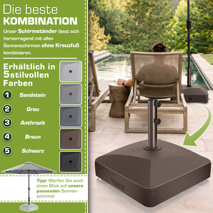 Tillvex® Support de Parasol GRAVIA avec Roues et Freins | Support de Parasol Remplissable 37 Litres / 56 kg | Adapté aux Parasols de Soleil et de Marché Ø 1,8-3,7 m | Roulable, Résistant aux Intempéries et aux UV pour Balcon, Terrasse, Jardin, Petits et G