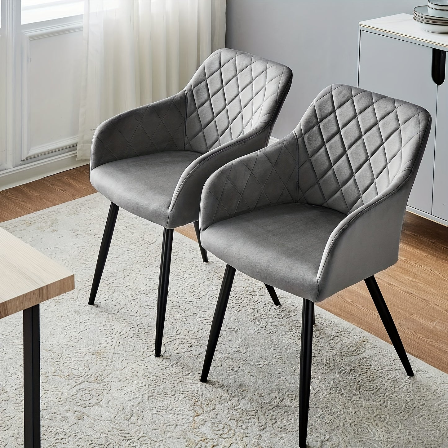 Ensemble de 2 chaises de salle à manger modernes en velours/lin, chaises de loisirs rembourrées avec accoudoirs et pieds en métal, chaises d'angle pour cuisine, salon, bureau à domicile, réception