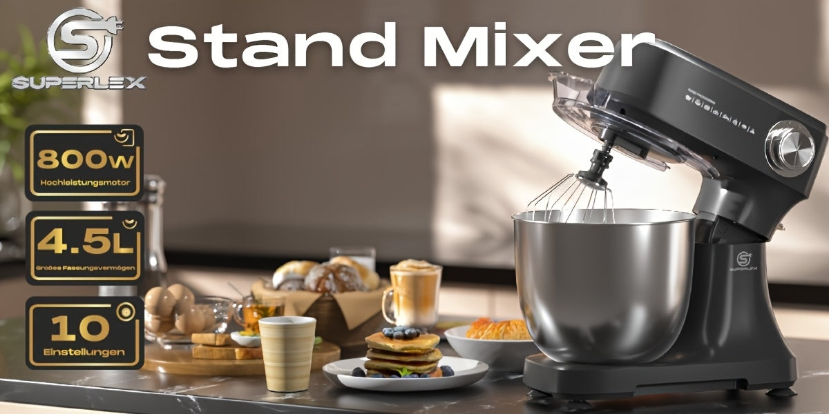SUPERLEX Batteur de Cuisine 3-en-1 800W | Robot Culinaire 4.5L avec Fouet et Crochet à Pâte | Appareil de Pétrissage de Cuisine Polyvalent