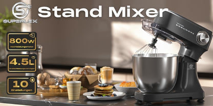 SUPERLEX Batteur de Cuisine 3-en-1 800W | Robot Culinaire 4.5L avec Fouet et Crochet à Pâte | Appareil de Pétrissage de Cuisine Polyvalent