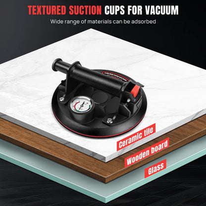 Paire 2x PACK Ventouse à vide avec manomètre, ventouse à vide robuste avec poignée, levier à ventouse pour verre, pour granit, carrelage, verre, levier à ventouse industriel noir puissant pour granit, carrelage, vitre, ventouses, leviers