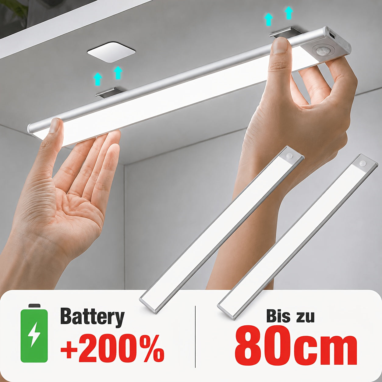 SETONR Slim LED Lampes Sous Meuble - Boîtier Métallique, Rechargeable, 450/600/2200/4400 Mah, Détecteur de Mouvement Humain, Dimmable, Adhésif, Éclairage de Cuisine à Piles pour Placards, Comptoirs et Étagères, Jusqu'à 60Cm, Longue Autonomie Disponible