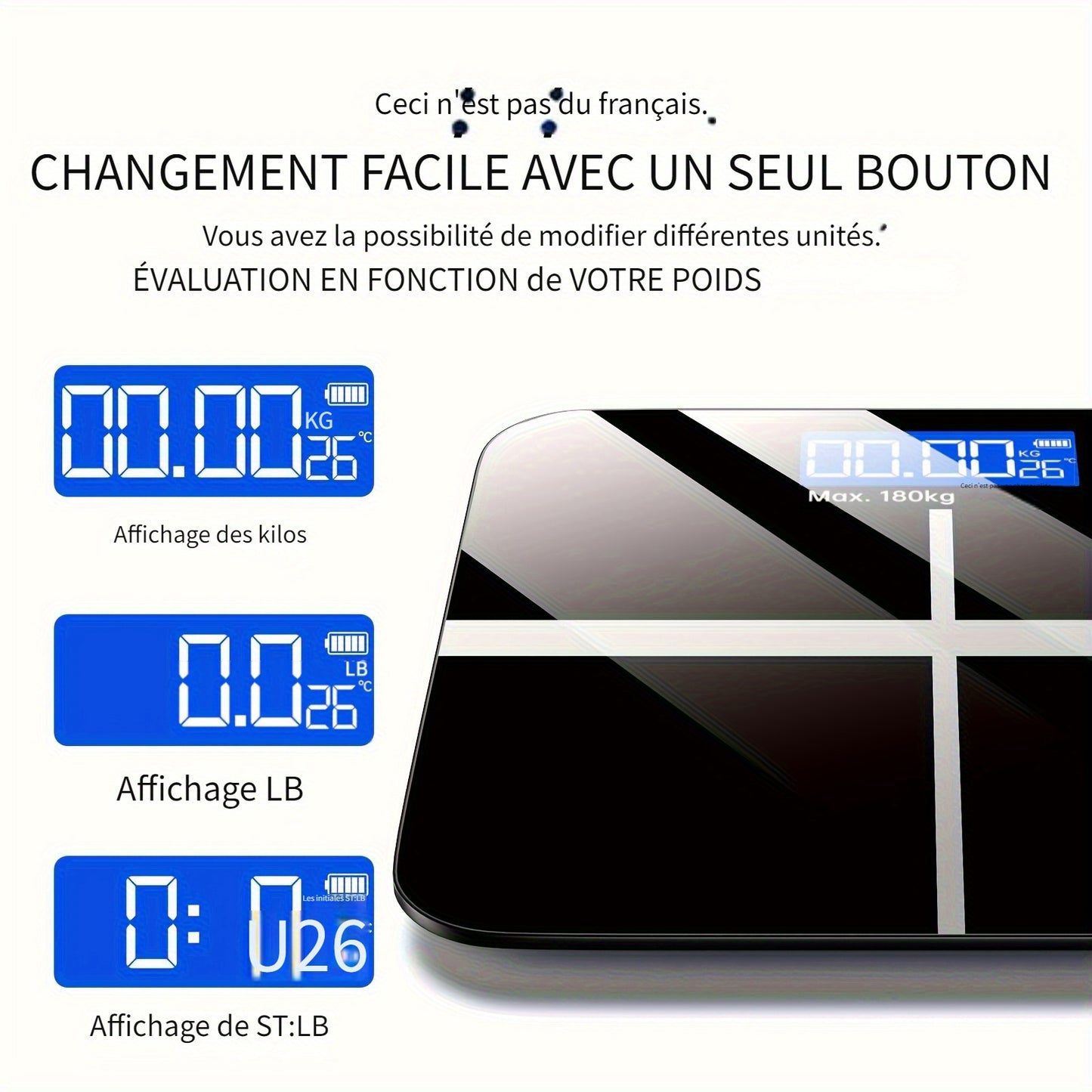 Pèse-personne électronique, pèse-personne de salle de bain numérique 179,62 KG, pèse-personne de haute précision avec écran LCD haute définition et affichage de la température (commutable entre KG et livre), plateforme ultra-large, pesée électronique de h