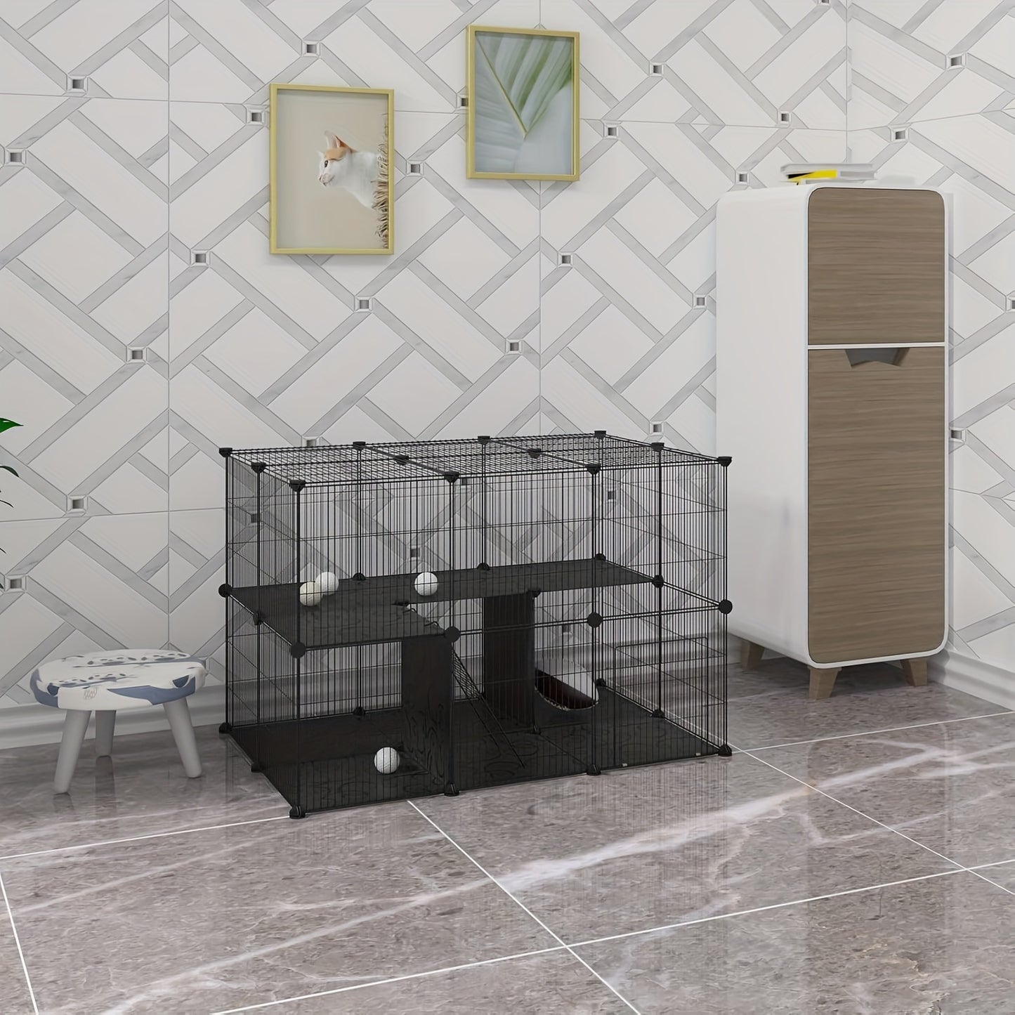 Cage d'extérieur avec panneaux de sol, cage à lapins, parc pour hamster, enclos pour chat, enclos pour petits animaux, cage pour chat, espacement des barreaux 1,5 cm, noir et blanc 105X70X70 cm