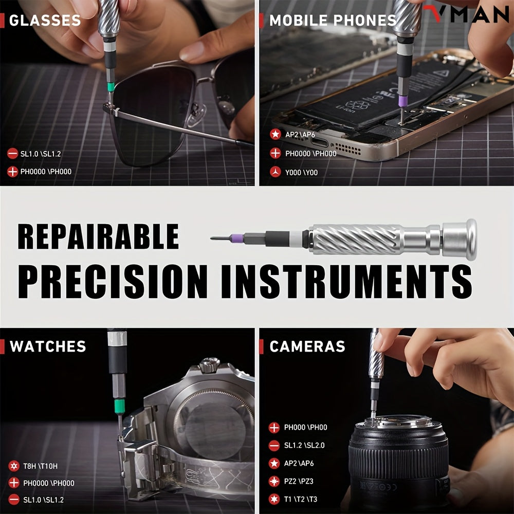 Un kit de tournevis à cliquet 66-en-1 avec 62 embouts magnétiques. Ce ensemble portable comprend une poignée multifonctionnelle avec un aimantateur et un capuchon rotatif, ce qui le rend idéal pour les appareils de précision comme les montres, les lunette