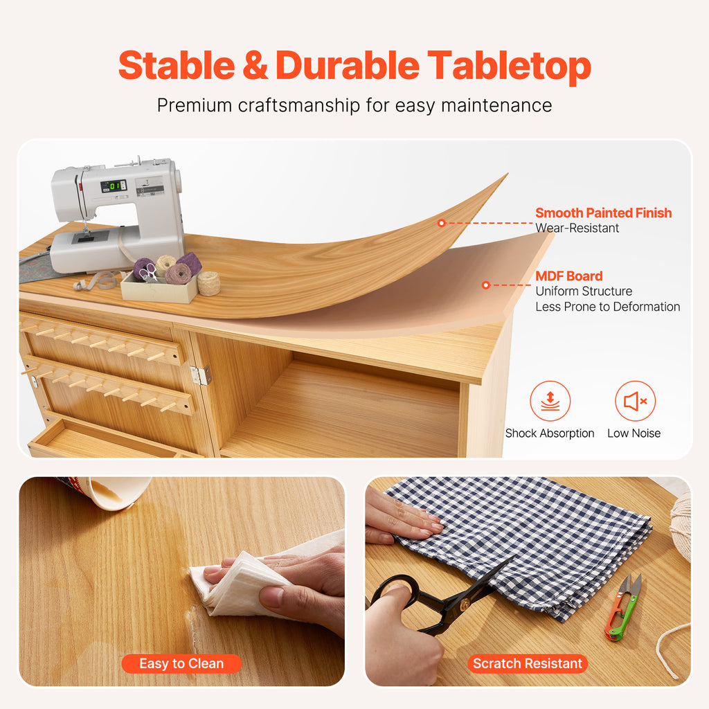 Table à Coudre Pliable VEVOR avec Roues Verrouillables, Étagères, Plateaux et Porte en Bois