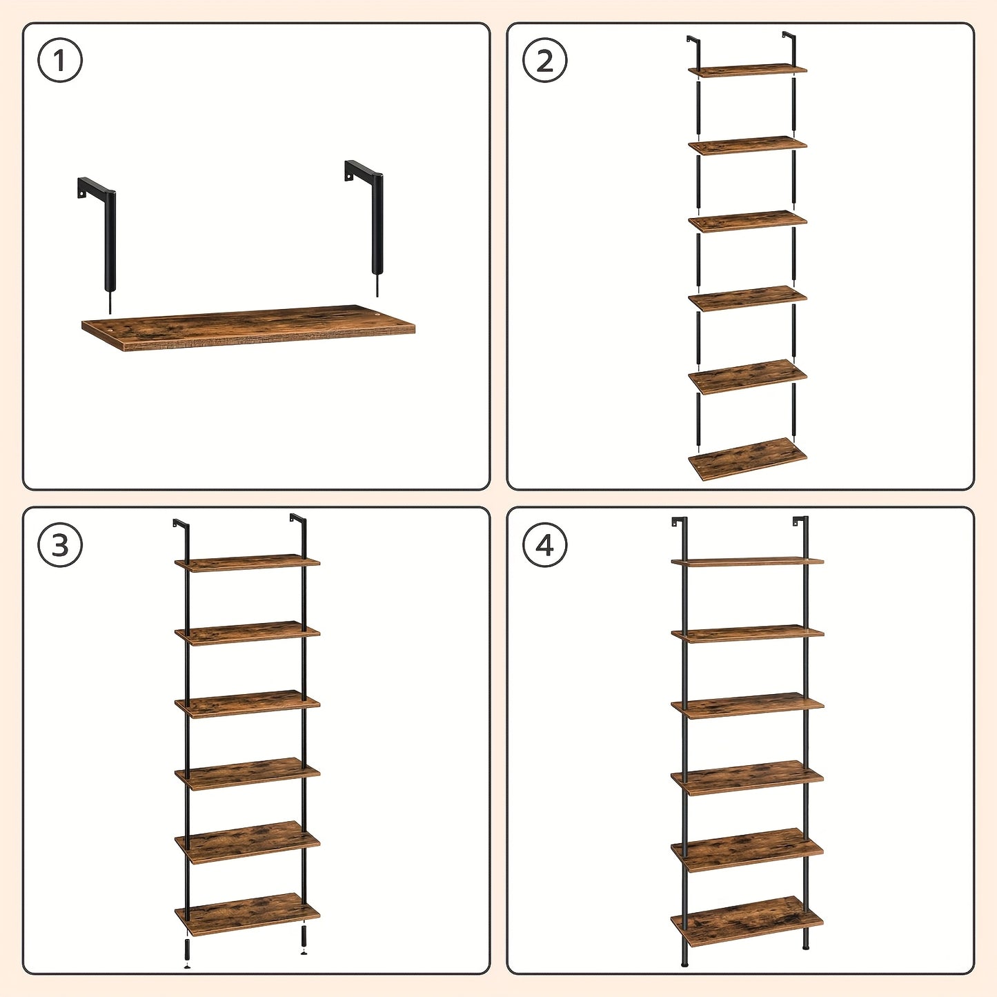 Étagère à 6 niveaux à monter soi-même, Étagère échelle industrielle, Unité d'étagères en panneaux de particules, Étagère verticale sur pied, avec cadre métallique stabilisateur, pour bureau à domicile, salon, Marron foncé