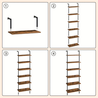 Étagère à 6 niveaux à monter soi-même, Étagère échelle industrielle, Unité d'étagères en panneaux de particules, Étagère verticale sur pied, avec cadre métallique stabilisateur, pour bureau à domicile, salon, Marron foncé