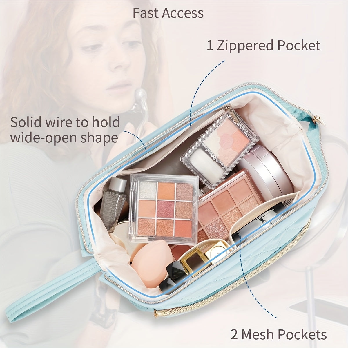 Sac à Maquillage Élégant Matelassé pour Femmes - Grand Organisateur de Cosmétiques à Ouverture Large avec Deux Compartiments (Poche Avant + Poche Arrière Zippée), Trousse de Toilette Spacieuse avec Poignée Solide - Polyester Facile à Nettoyer pour Pinceau