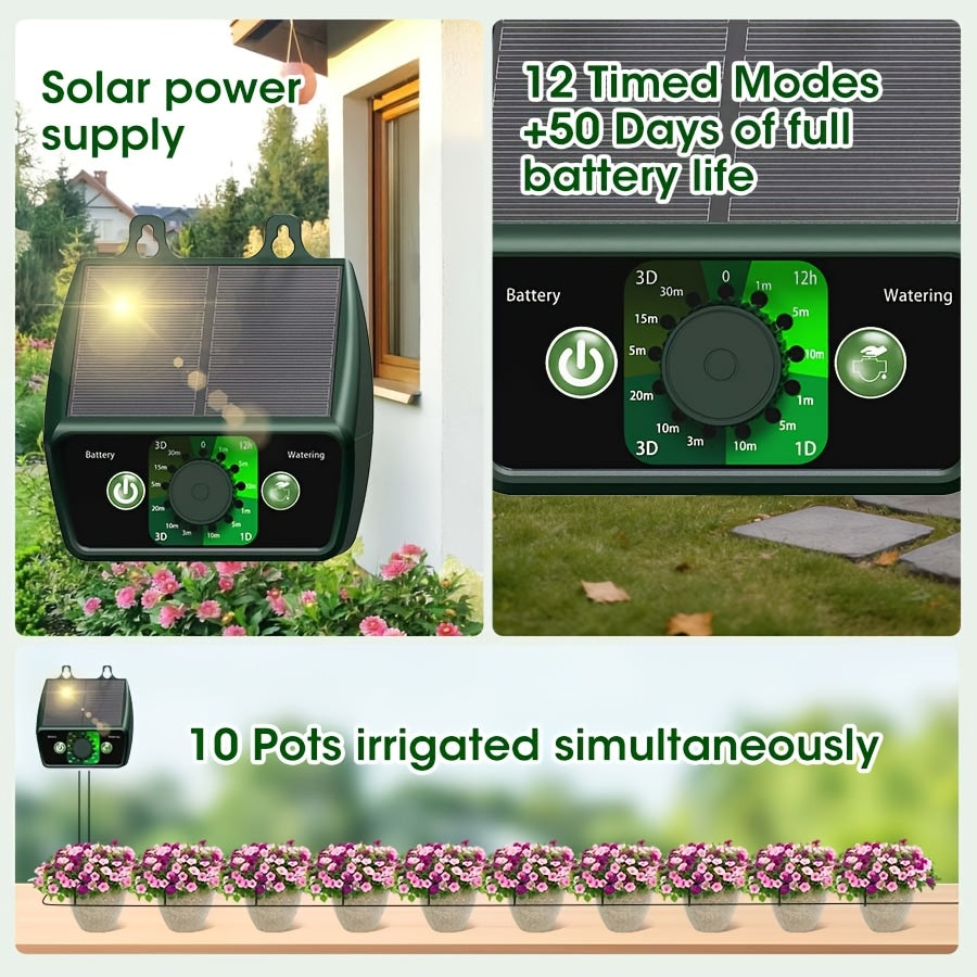 Kit pour système d'irrigation goutte à goutte automatique alimenté par énergie solaire, comprenant un équipement solaire de 1,1 W pour le jardinage extérieur et intérieur. Il comprend 12 modes de temporisation et est idéal pour les jardins, les serres et