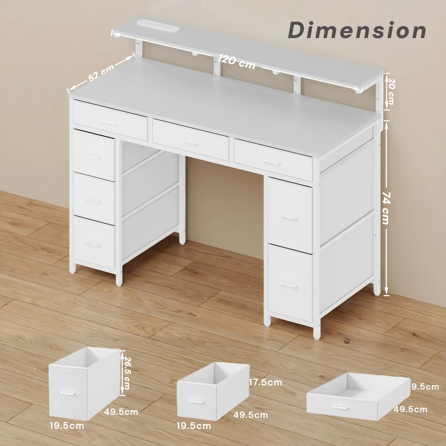 Bureau d'ordinateur avec 8 tiroirs de rangement en tissu, bureau d'étude/chambre à coucher, bureau de jeu de 119,38 cm avec éclairage LED et prises USB, bureau de bureau à domicile avec support d'ordinateur, 4 couleurs