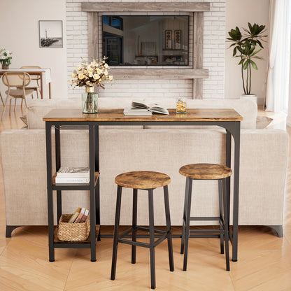 Ensemble de table et de chaises de bar 3 pièces, ensemble de table de bar moderne en fonte noire avec 2 tabourets, ensemble de table industrielle et de tabouret de bar, plateau en bois, table de pub rectangulaire avec étagères et porte-verres, pour cuisin