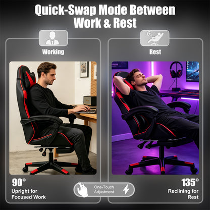 Chaise de Gaming Ergonomique avec Repose-Pieds - Pivotante à 360°, Réglable en Hauteur, Support Lombaire, Mécanisme d'Inclinaison Manuelle, Texture Simili, Rembourrage en Mousse et Cadre en Acier Inoxydable - Pour PC/Bureau