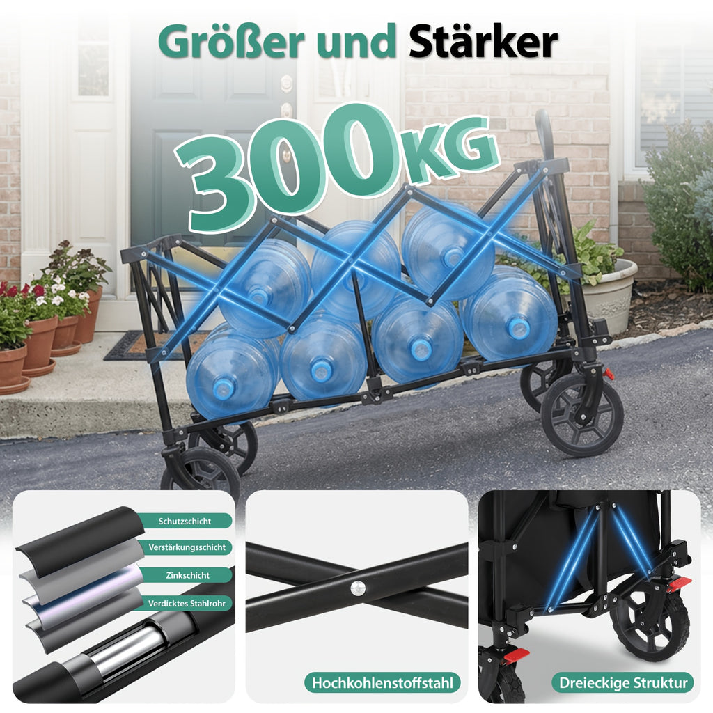 Chariot Pliant XXL Plus 200L Capacité de Charge 300KG, Chariot Pliable Adapté à l'Utilisation Hors Route avec Freins, Chariot Pliable dans Quatre Directions, Vert Olive/ Gris/ Bleu/ Noir