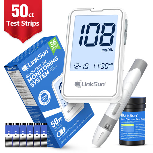 Kit de test de glycémie 50 bandelettes, haute précision avec rétroéclairage, pour usage domestique ou extérieur, piles AA non incluses
