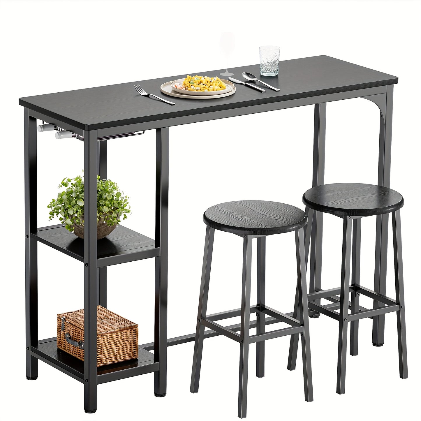 Ensemble de table et de chaises de bar 3 pièces, ensemble de table de bar moderne en fonte noire avec 2 tabourets, ensemble de table industrielle et de tabouret de bar, plateau en bois, table de pub rectangulaire avec étagères et porte-verres, pour cuisin