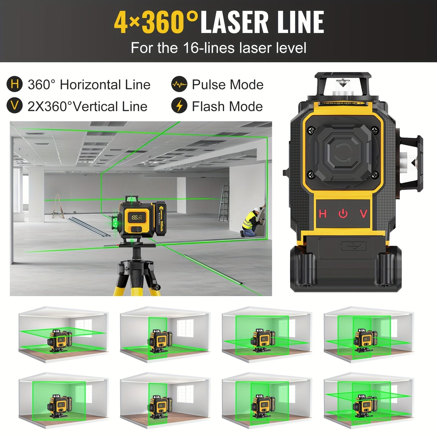 Niveau laser autodresseur 4D professionnel Conentool avec ou sans trépied robuste et barre d'extension, projecteur de lignes horizontales/verticales 16 lignes, options batterie/affichage LCD, base rotative 360° adapté au bricolage et à la rénovation