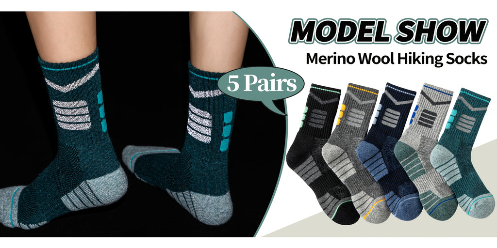[Chaussettes techniques outdoor] 5 Paires de Chaussettes Randonnée en Laine Mérinos Rayées Lumineuses pour Hommes et Femmes - Course Sentier, Cyclisme, Trekking - Évacuation de l'Humidité - Semelle Cushion - Taille Haute