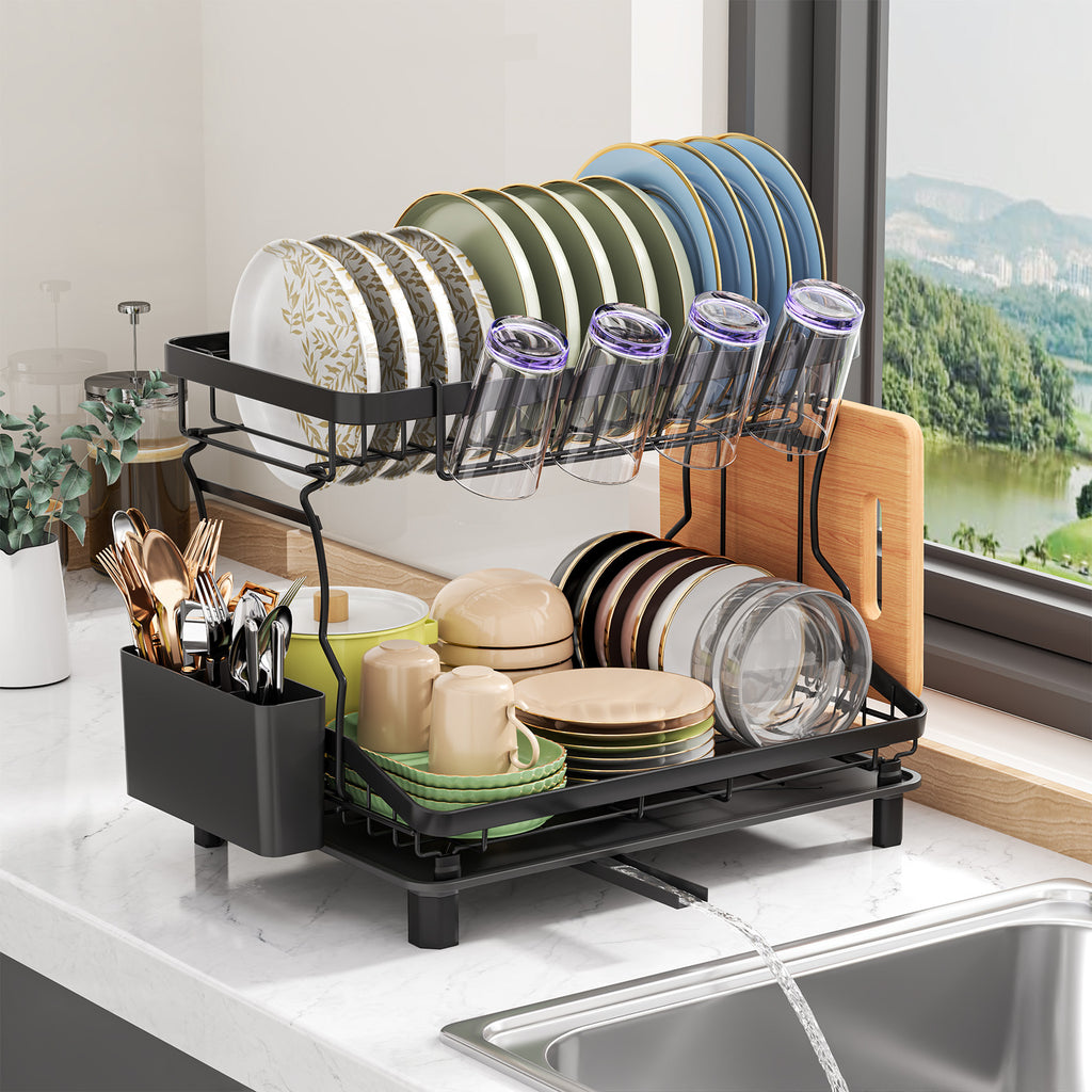 Égouttoir à vaisselle à 2 niveaux, égouttoir pour plan de travail de cuisine, avec tuyau de drainage réglable, équipé d'un boîtier à couverts, convient pour ranger assiettes, tasses et planches à découper