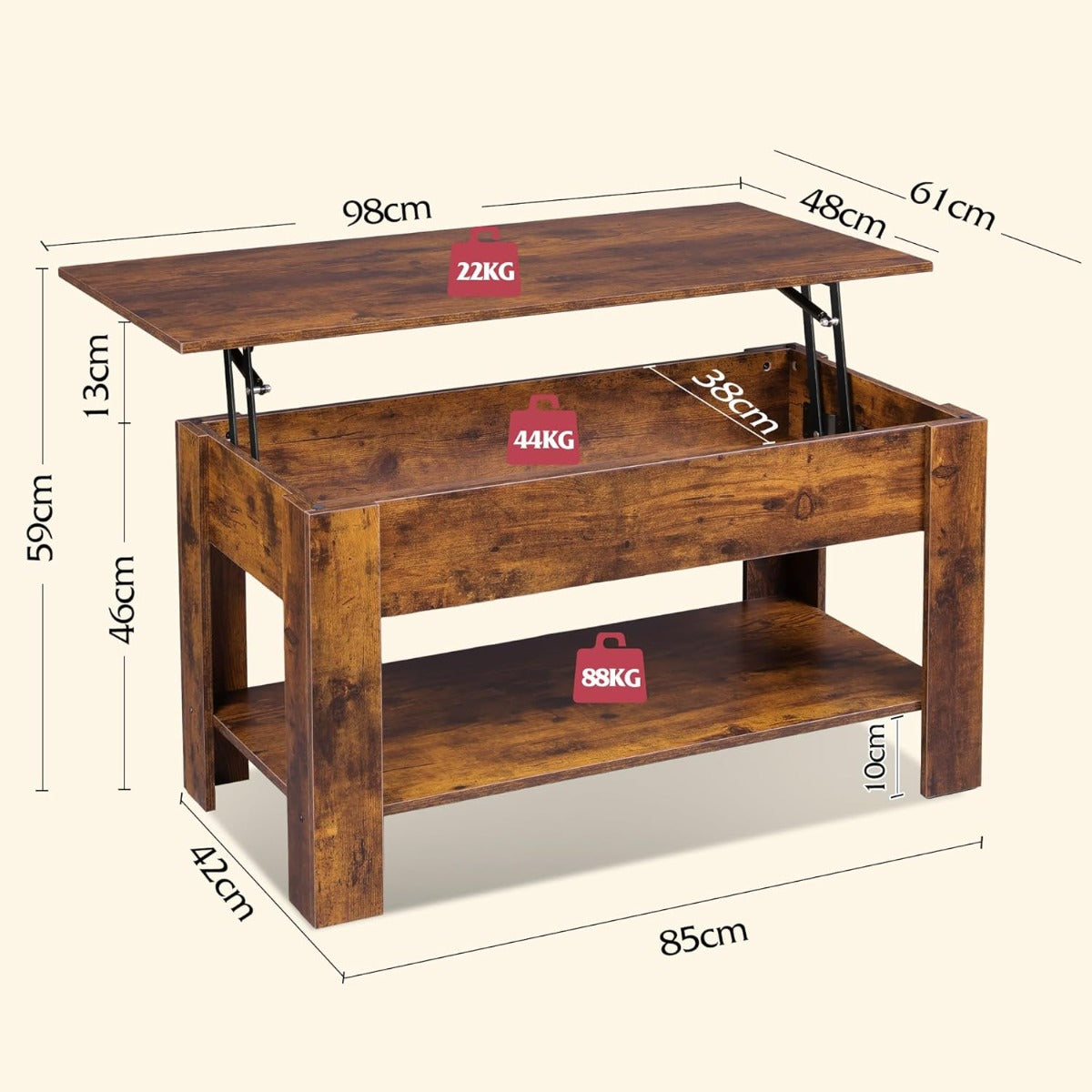 Table Basse Réglable en Hauteur avec Étagère, Table de Salon Rectangulaire avec Espace de Rangement Ouvert et Caché, Table de Salon pour Salon, Chambre à Coucher