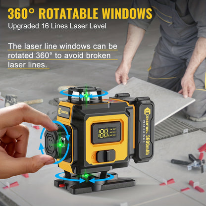 Niveau laser autodresseur 4D professionnel Conentool avec ou sans trépied robuste et barre d'extension, projecteur de lignes horizontales/verticales 16 lignes, options batterie/affichage LCD, base rotative 360° adapté au bricolage et à la rénovation