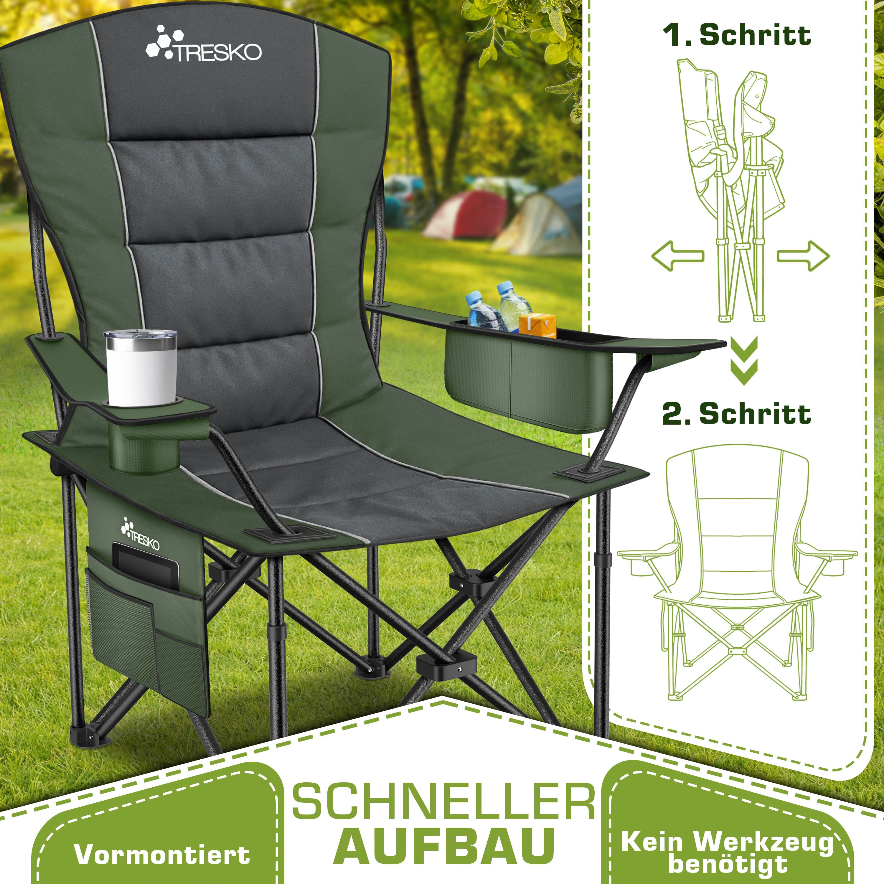 TRESKO® Chaise de camping pliable jusqu'à 150 kg | Chaise de pêche à dossier haut | Chaise pliante avec accoudoirs et porte-gobelet | Chaises de camping pliantes