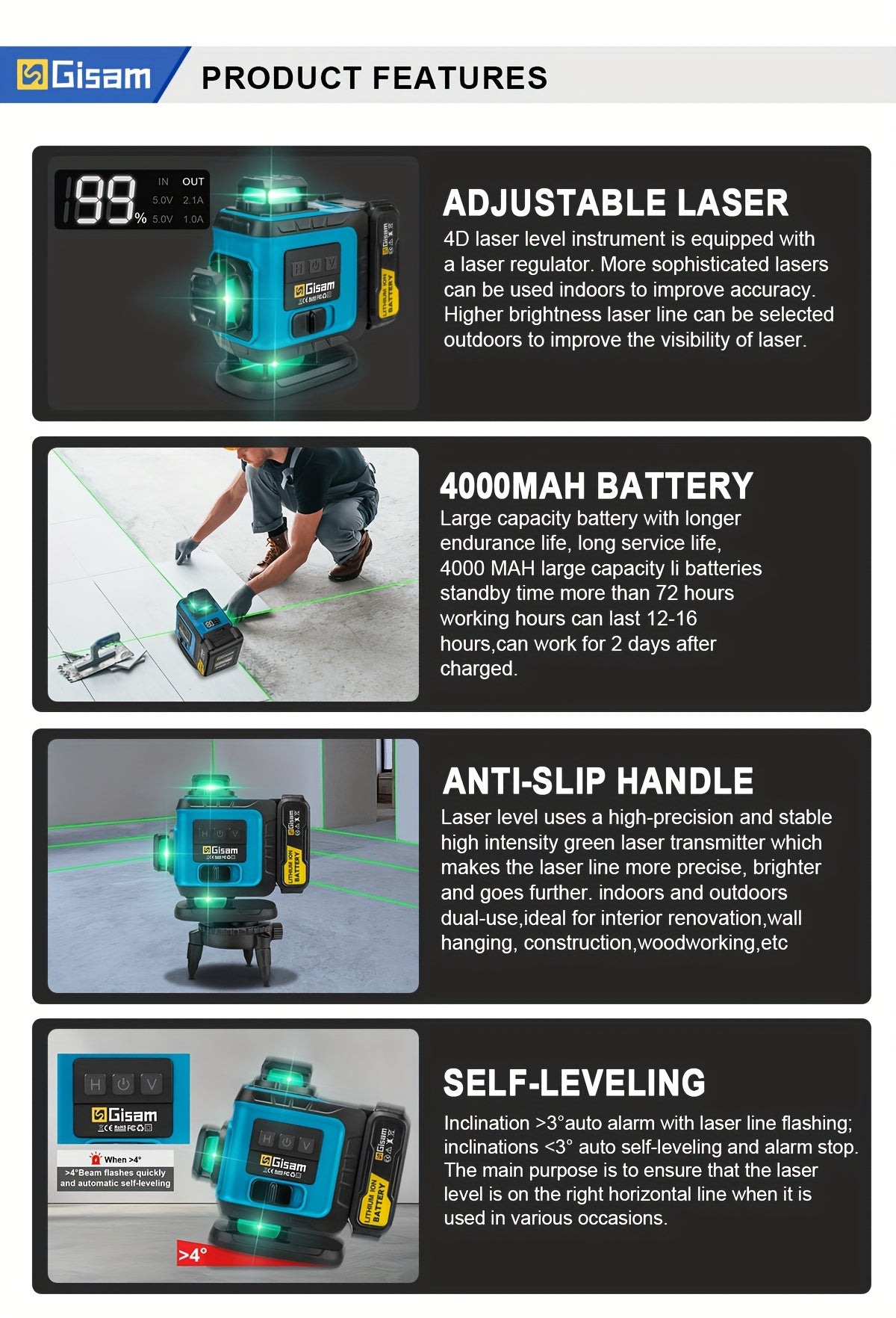 Niveau laser 4D vert Gisam 16 lignes avec trépied et contrôle par application, 4 x 360° auto-nivellement horizontal vertical croisé, outil de construction haute précision avec batterie lithium rechargeable, pour rénovation domicile et projets d'ingénierie