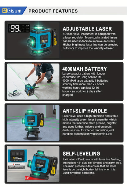 Niveau laser 4D vert Gisam 16 lignes avec trépied et contrôle par application, 4 x 360° auto-nivellement horizontal vertical croisé, outil de construction haute précision avec batterie lithium rechargeable, pour rénovation domicile et projets d'ingénierie