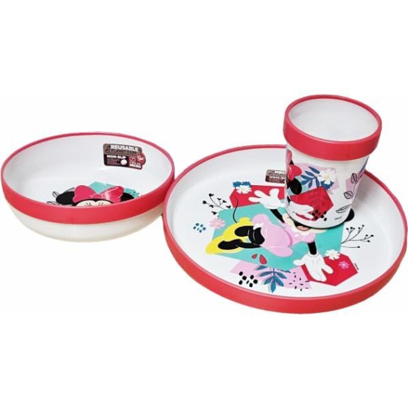 Ensemble de vaisselle réutilisable pour enfants, bicolore – Ensemble de 3 pièces : assiette, bol et tasse pour enfants et bébés avec base antidérapante – (Pour MINNIE MOUSE)