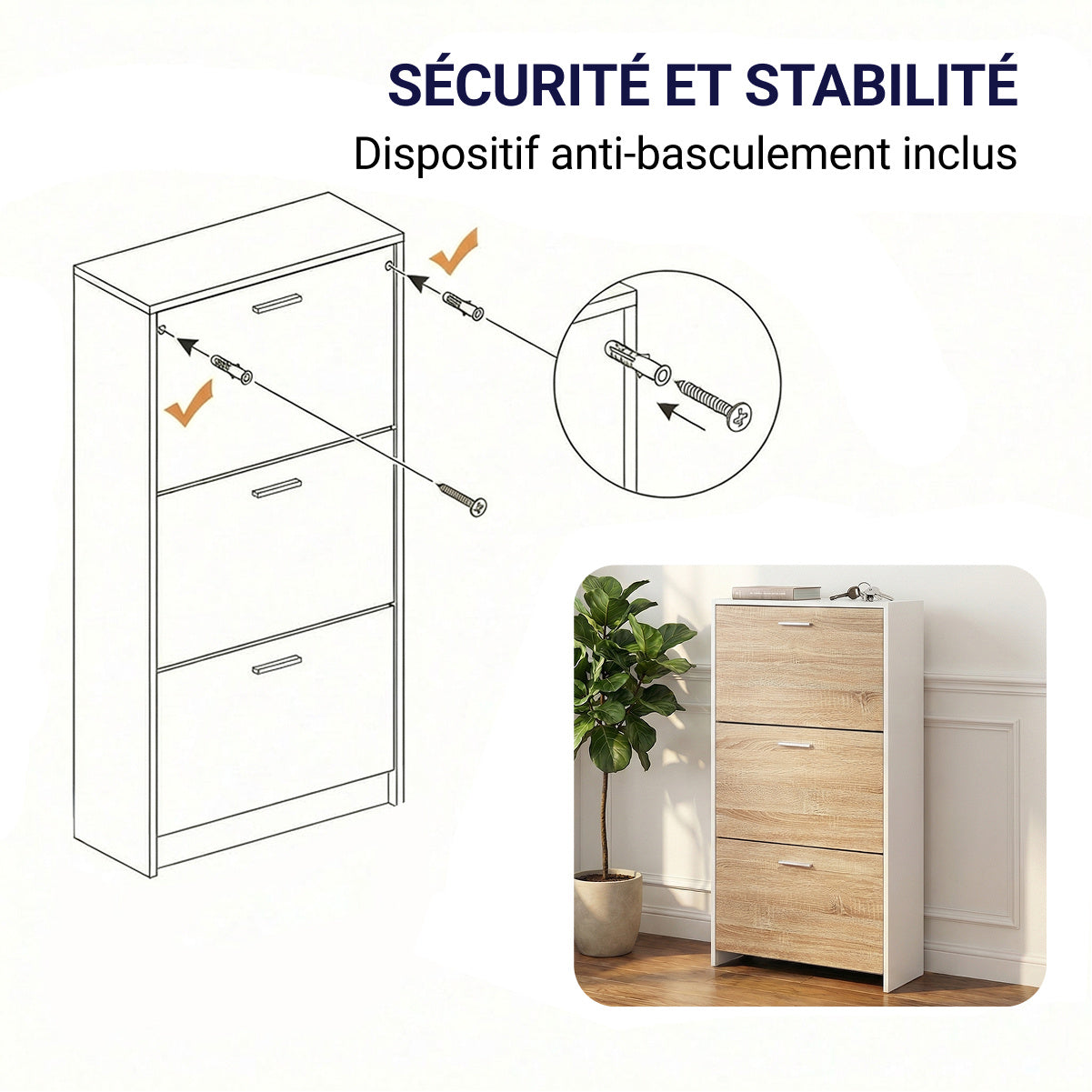 Meuble à chaussures avec 3 compartiments à abattant, armoire de rangement en bois pour jusqu'à 18 paires, organisateur d'entrée peu encombrant