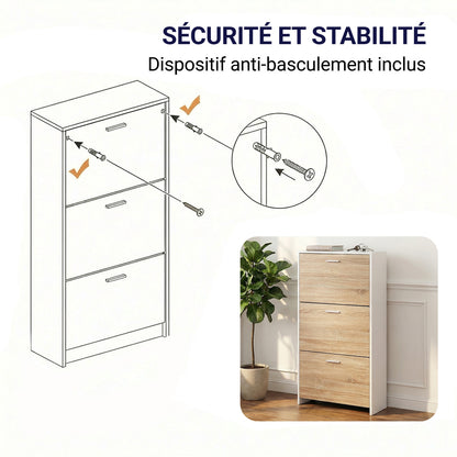 Meuble à chaussures avec 3 compartiments à abattant, armoire de rangement en bois pour jusqu'à 18 paires, organisateur d'entrée peu encombrant