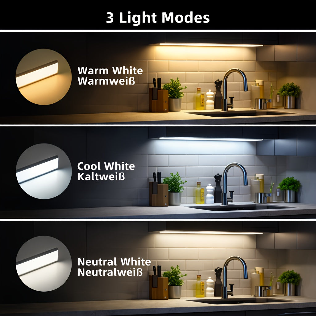 SETONR Slim LED Lampes Sous Meuble - Boîtier Métallique, Rechargeable, 450/600/2200/4400 Mah, Détecteur de Mouvement Humain, Dimmable, Adhésif, Éclairage de Cuisine à Piles pour Placards, Comptoirs et Étagères, Jusqu'à 60Cm, Longue Autonomie Disponible