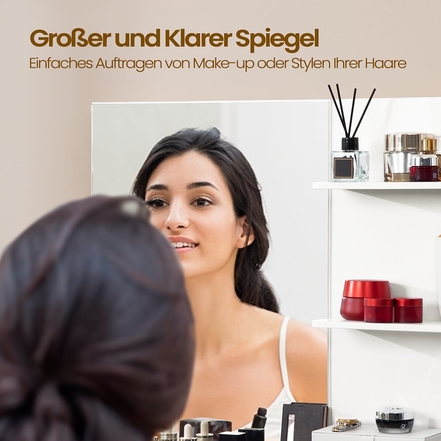 Table à toilette avec miroir, unité de toilette avec 4 étagères ouvertes et 2 compartiments, table à toilette avec 2 tiroirs, pour chambre à coucher, salon, ne comprend pas le tabouret