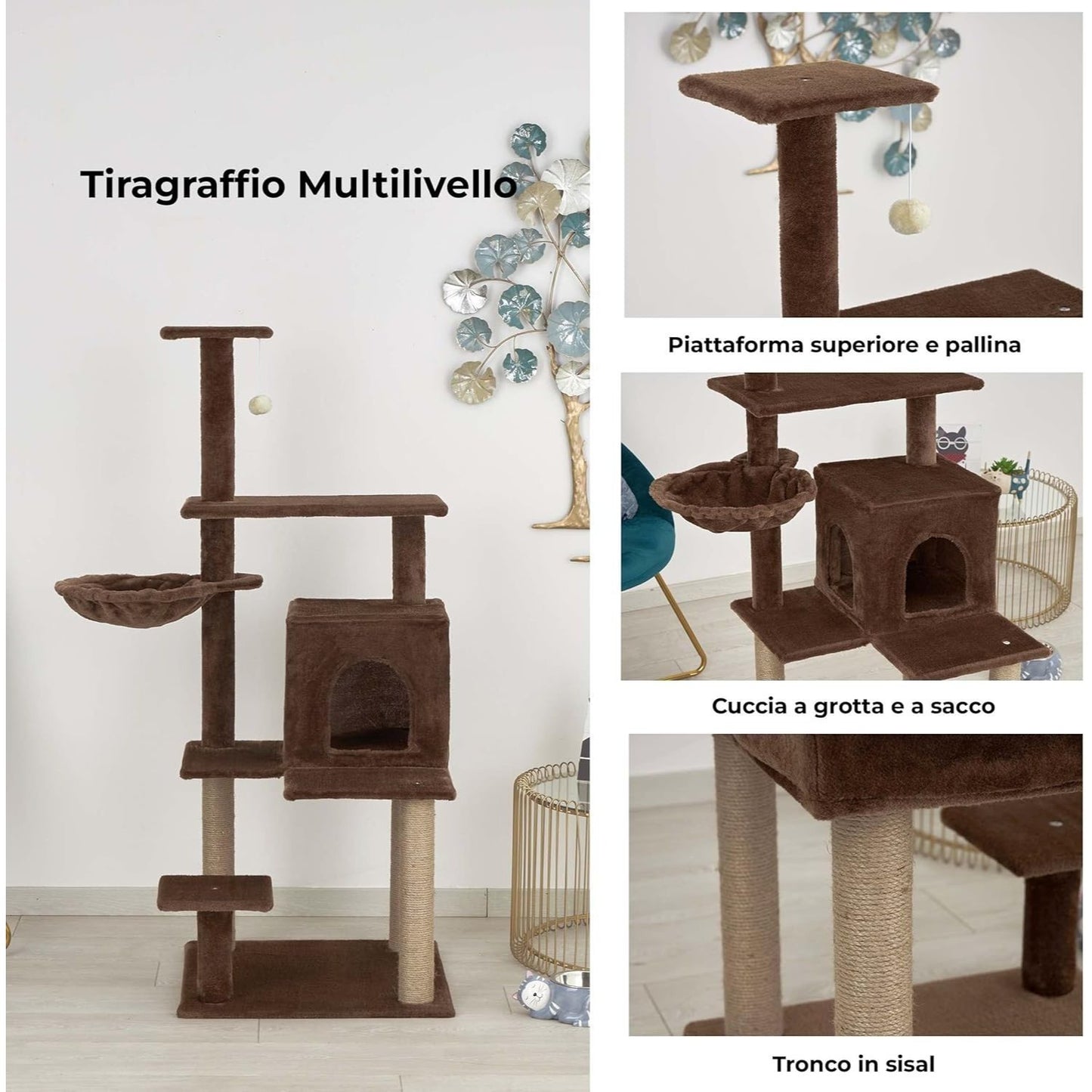 Baroni arbre à gratter pour chat en couleur marron | crème | gris 75X22X49 pouces (ou 75X55X49 pouces), arbre à gratter pour chaton, 4 niveaux avec hamac à balle et lit rectangulaire, jouet interactif pour chats et chatons pour une utilisation en intérieu