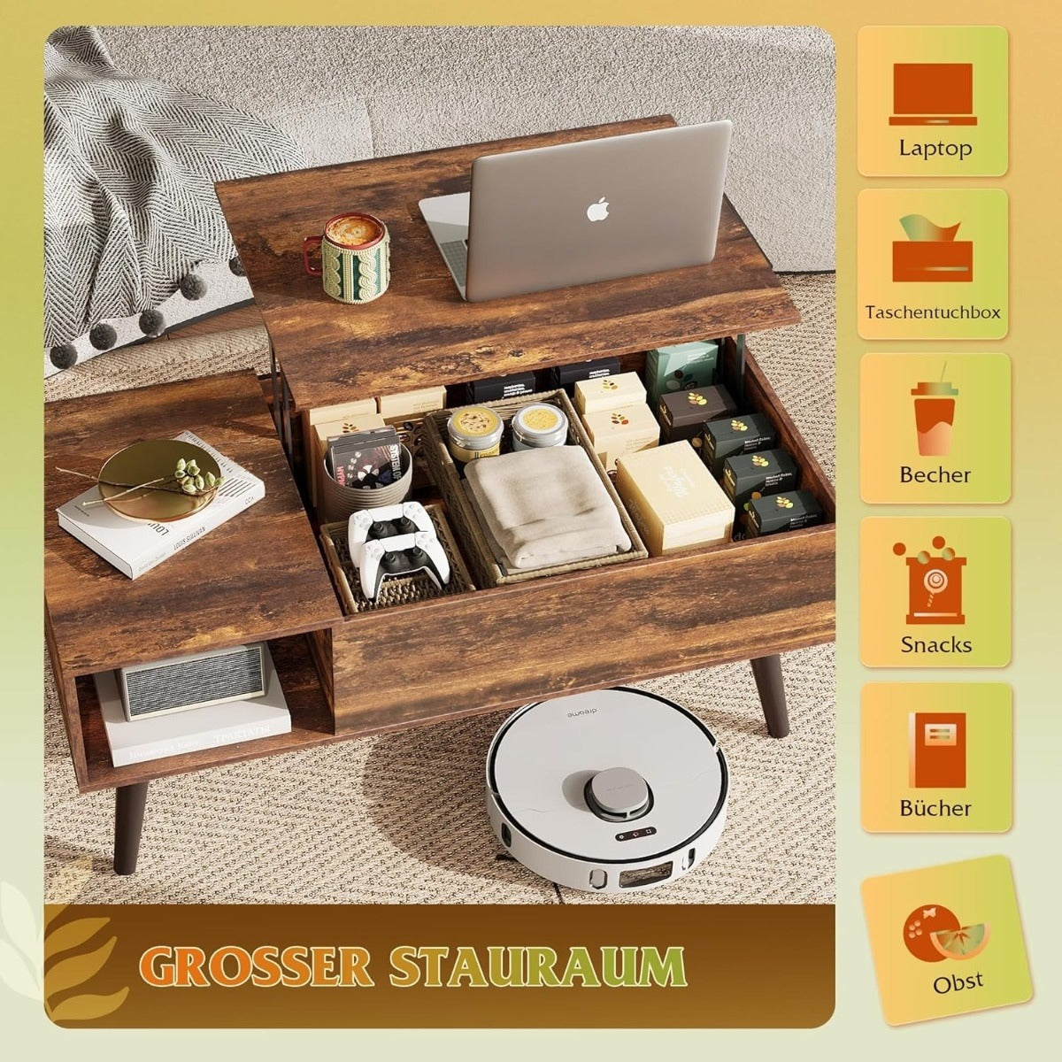 Table Basse Réglable en Hauteur, Extensible, Table de Salon avec Grand Compartiment de Rangement Caché, Plateau de Levage, Table Basse pour Bureau, Table de Canapé