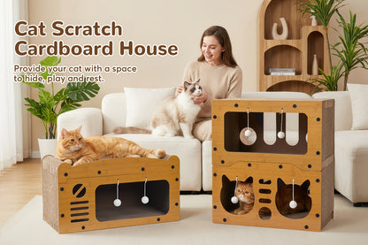 Grande maison pour chat avec poteaux à griffer, panier de transport et griffoir 3-en-1 en carton pour aiguiser les griffes, se cacher et se reposer, pompon intégré pour jouer, construction durable et robuste & facile à assembler, supporte jusqu'à 11 kg, c