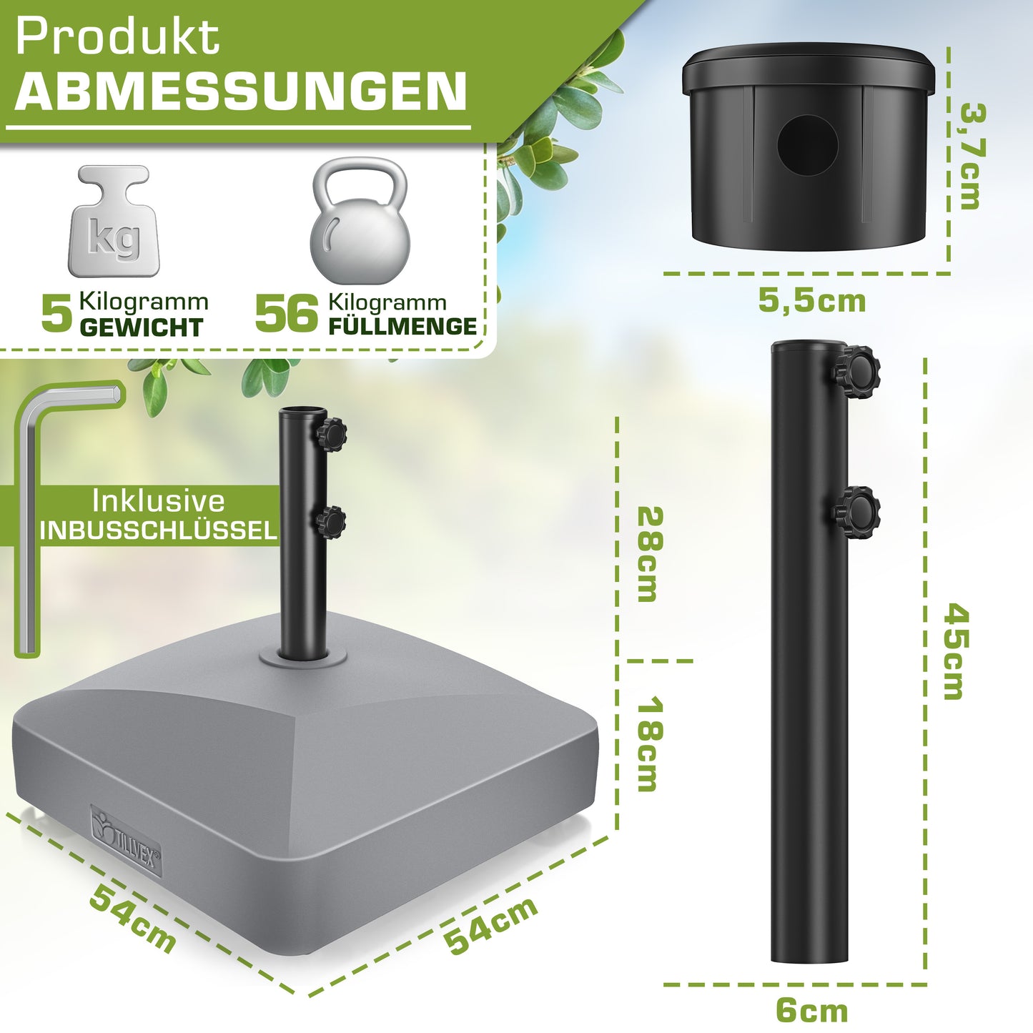 Tillvex® Support de Parasol GRAVIA avec Roues et Freins | Support de Parasol Remplissable 37 Litres / 56 kg | Adapté aux Parasols de Soleil et de Marché Ø 1,8-3,7 m | Roulable, Résistant aux Intempéries et aux UV pour Balcon, Terrasse, Jardin, Petits et G