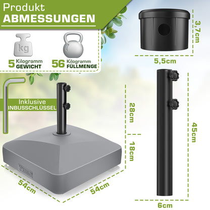 Tillvex® Support de Parasol GRAVIA avec Roues et Freins | Support de Parasol Remplissable 37 Litres / 56 kg | Adapté aux Parasols de Soleil et de Marché Ø 1,8-3,7 m | Roulable, Résistant aux Intempéries et aux UV pour Balcon, Terrasse, Jardin, Petits et G
