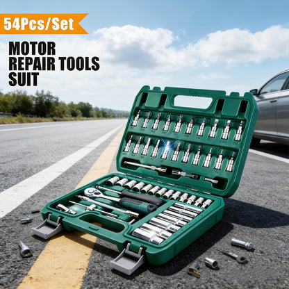Collection Premium de 54 pièces d'outils mécaniques, comprenant des douilles standard de 1/2", 1/4" et 3/8", un jeu de clés à cliquet, une clé dynamométrique et des kits d'outils mécaniques adaptés aux réparations automobiles et aux tâches mécaniques dome