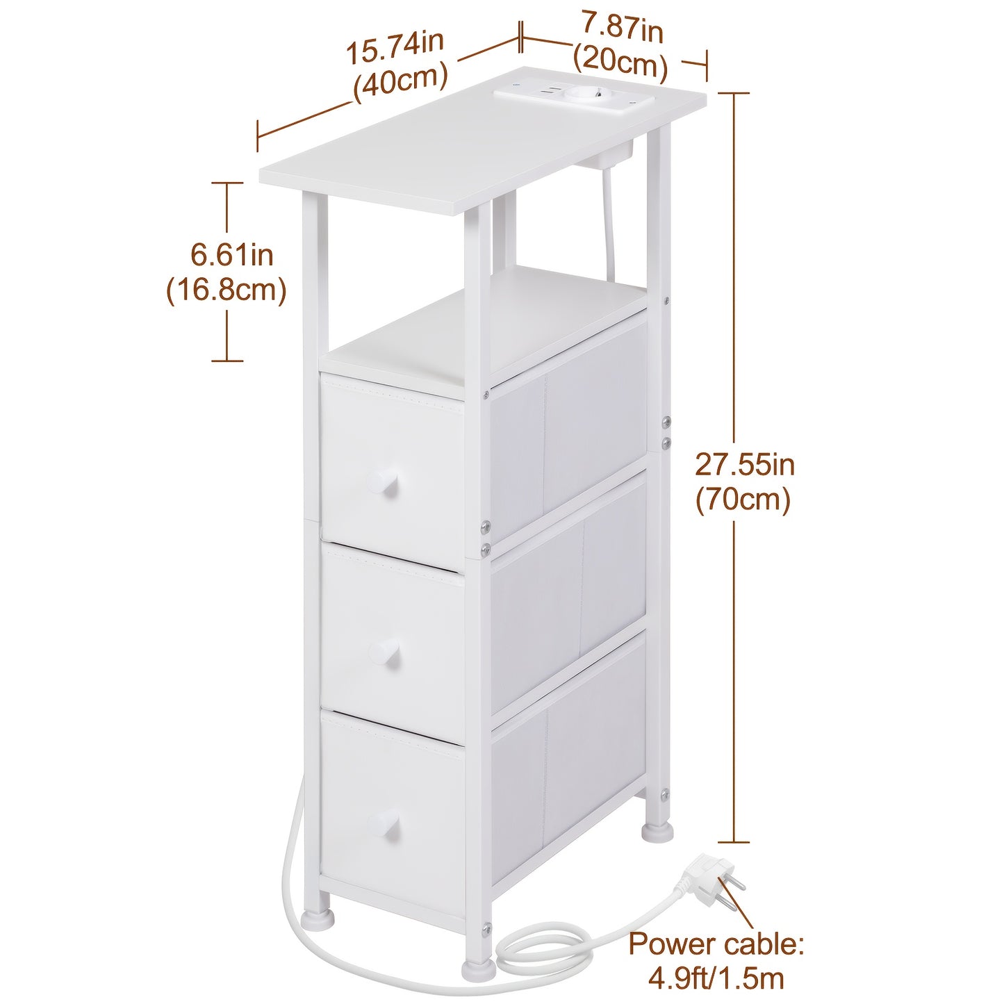 AMHANCIBLE 2 tables d'appoint étroites avec 3 tiroirs en tissu, étagère de rangement ouverte avec bande lumineuse et station de charge pour petits espaces, cadre en métal