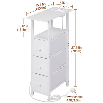 AMHANCIBLE 2 tables d'appoint étroites avec 3 tiroirs en tissu, étagère de rangement ouverte avec bande lumineuse et station de charge pour petits espaces, cadre en métal